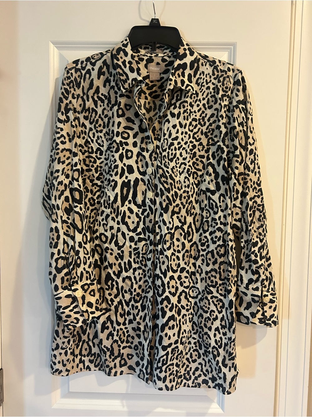 Chico's Leopard Print Button-Down No Iron Shirt in Black and Cream